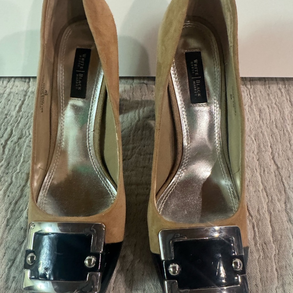White House Black Market Tan Suede and Black Leather Women's Shoes With Buckle
